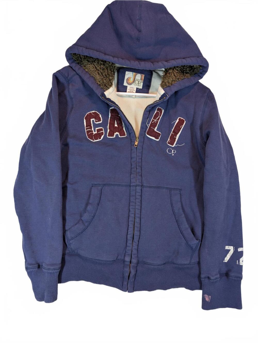 OP Cali Zip Hoodie Fur Sherpa Lined Graphic Sweatshirt Mens Medium Y2K